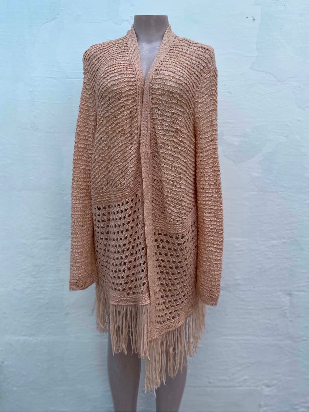 Chico's Peach Open-Front Fringe Knit Cardigan